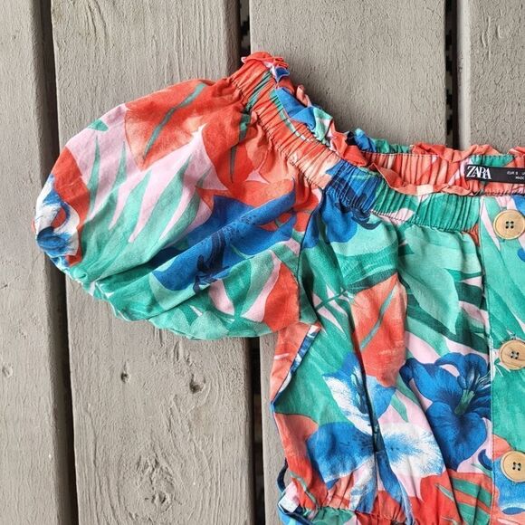 Zara Tropical Print Dress Off Shoulder Midi Length‎ A-line Green Orange Small - Picture 3 of 7